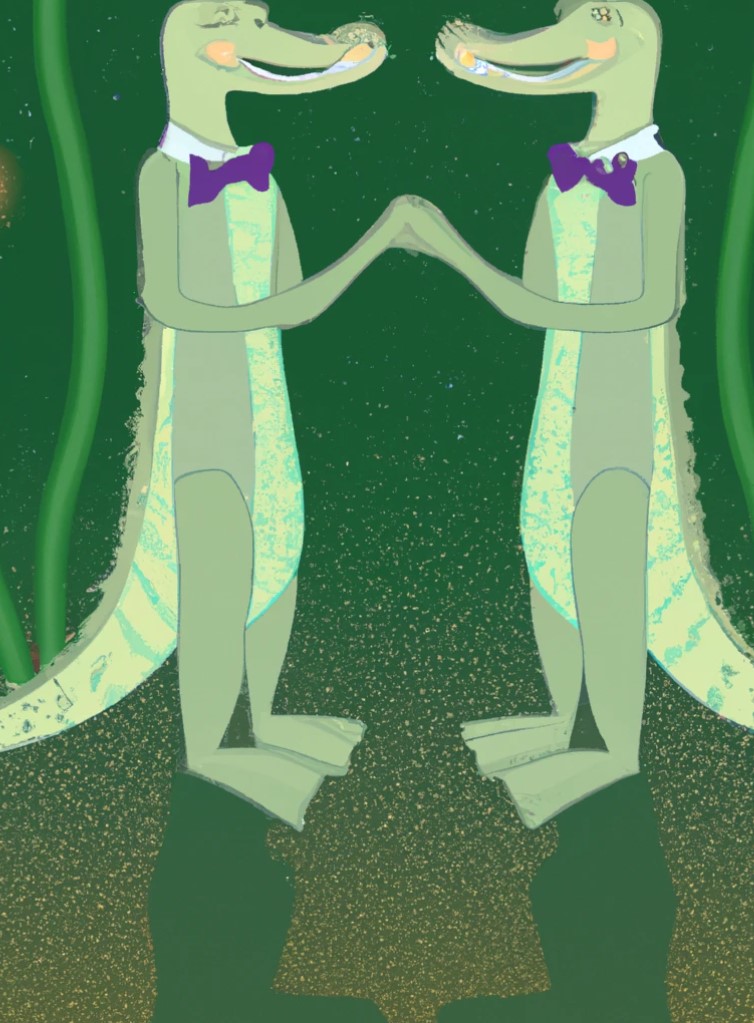 An adorable illustration of two dressed-up alligators in a swamp, holding hands and sharing a romantic moment. Digital heart symbols and a computer screen with a heart add a touch of humor and represent online dating, highlighting the uniqueness of the 'Alligator Dating Site.