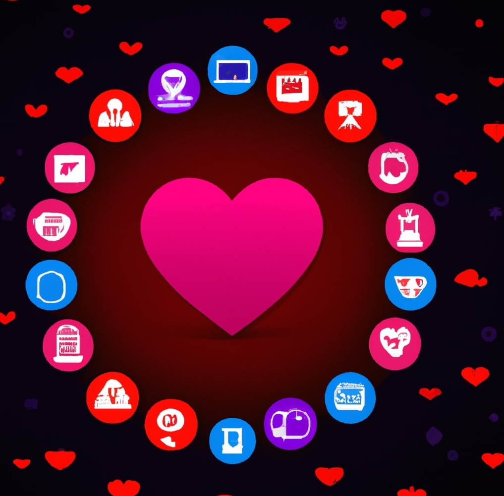 Array of colorful dating app icons on a dark background.